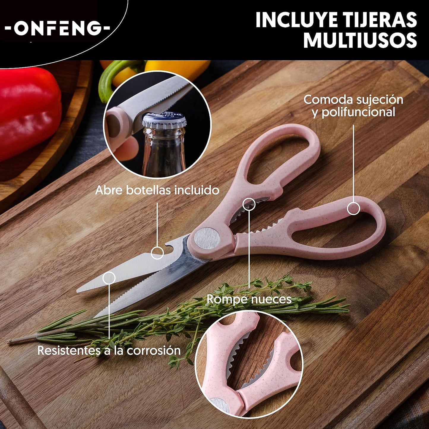 Juego de Cuchillos de Cocina Profesionales con Pelador y Tijeras, 6 Piezas de Chef Antiadherentes e Inoxidables, Mangos Ergonómicos y Seguros, Resistentes al Desgaste (Multicolor)