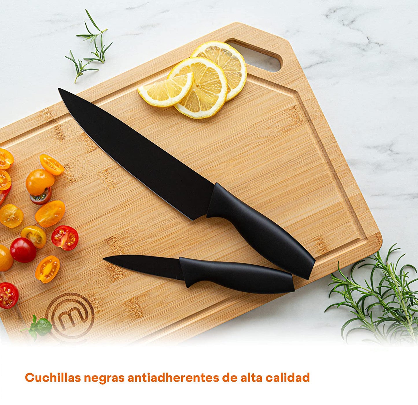 Cuchillos Cocina, Set Cuchillo de Chef (Carne, Sierra por Pan, Verduras y Pescados), Colección de Acero Inoxidable con Asas Suaves al Tacto, Multifuncional, 5 Piezas, Negro.